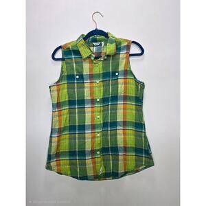 Woolrich Sleeveless Plaid Button-Down Shirt Multicolor Green Yellow Large